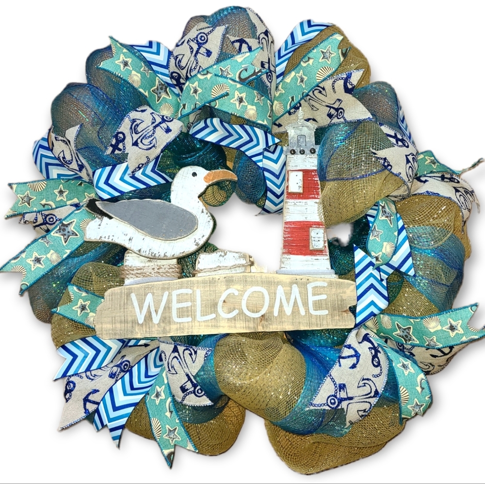 NAUTICAL BEACH DECO MESH WREATH HANDMADE SEAGULL LIGHTHOUSE - Picture 1 of 3